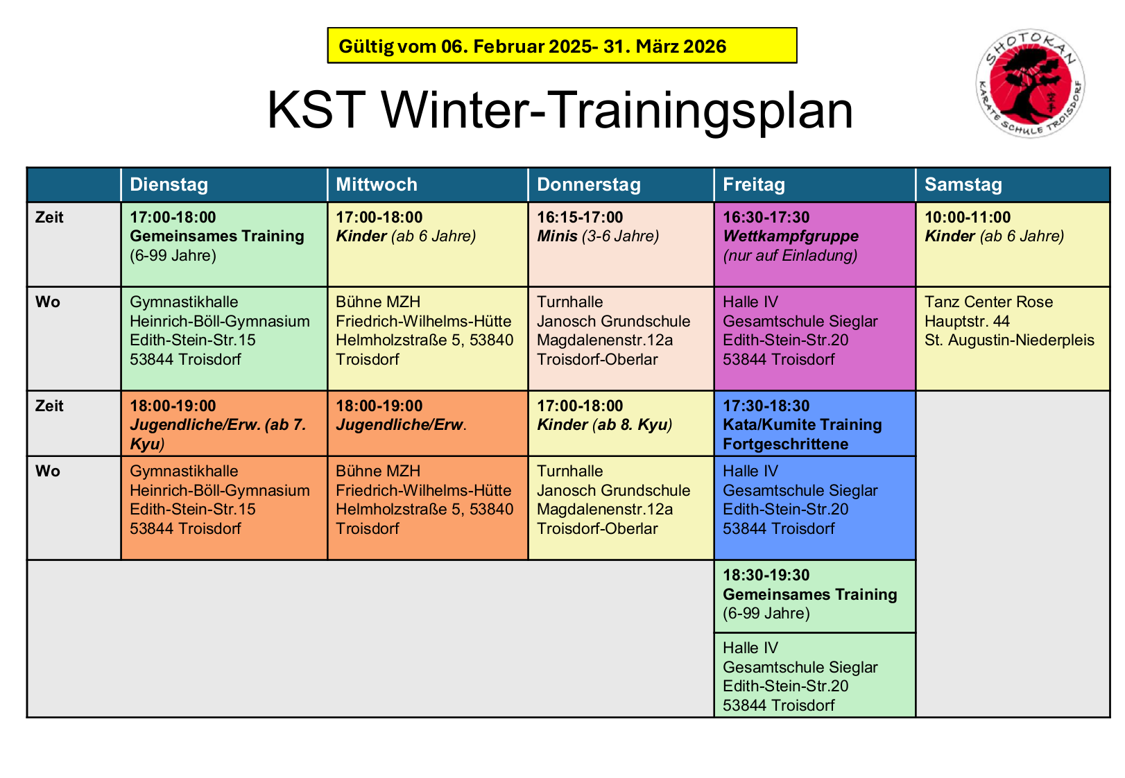 Trainingszeiten Winter 2025/2026